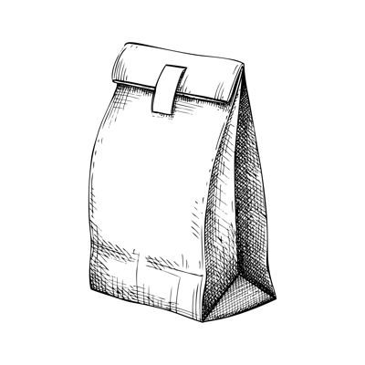 Paper bag sketch. Hand drawn vector illustration. Packaging drawing in vintage style. Food delivery or grocery shopping design element